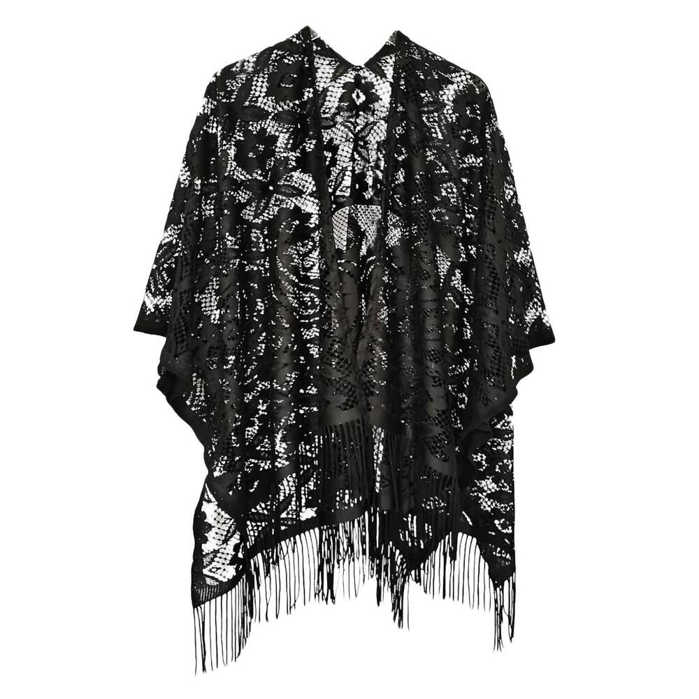 NEW JUDSON & CO. women's floral lace fringe boho kimono wrap shawl cover up in b